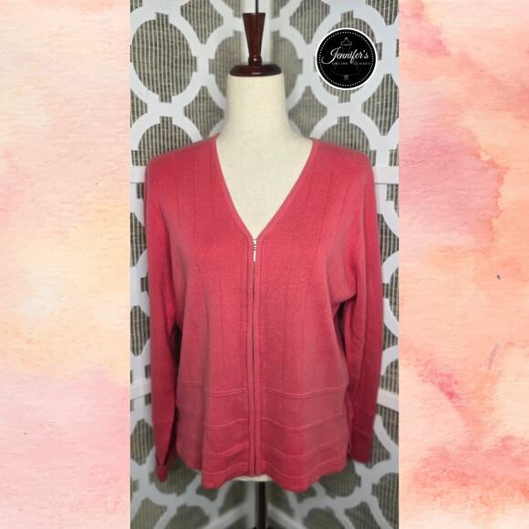Jeanne Pierre Coral V-Neck Full Zip Long Sleeve Cardigan Size Medium - Picture 1 of 9